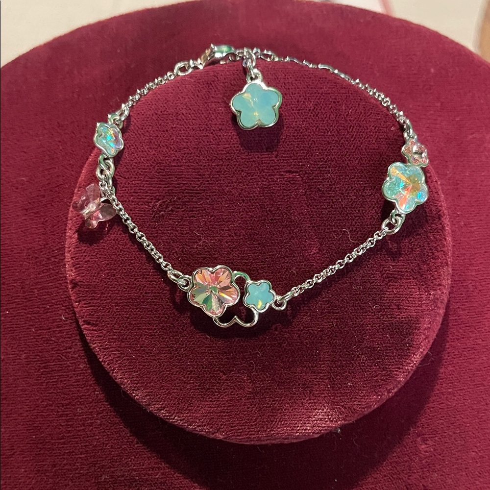 Swarovski Silver Bracelet with Pink and Blue Floral Charms